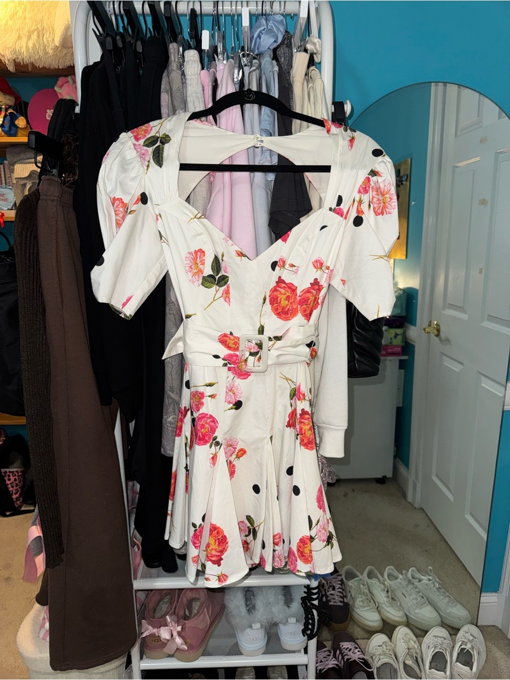 For Love & Lemons White Floral and Black Dot Mini Dress
